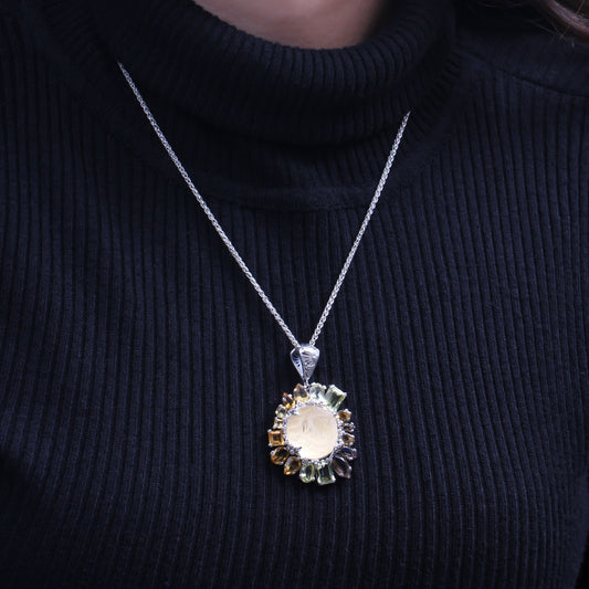 Rockrageous Hand Carved Natural Quartz Gold Lining Citrine Smoky Cognac and Champagne Quartz Pendant in Sterling Silver