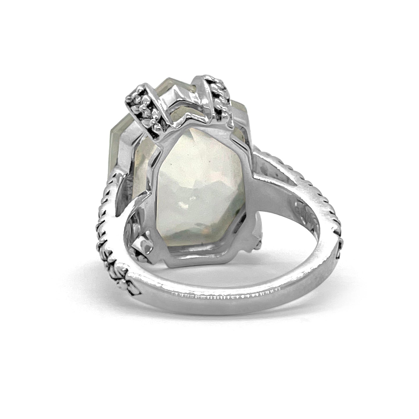 Galactical Crystal Quartz and Mother of Pearl Freeform Solitaire Ring in Sterling Silver