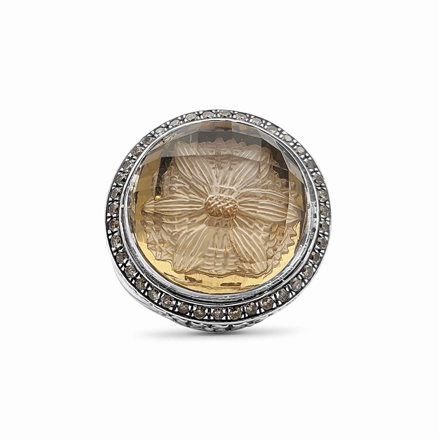 Garden of Stephen Internally Carved Smoky Quartz and Champagne Diamond 0.55ct Ring in Sterling Silver