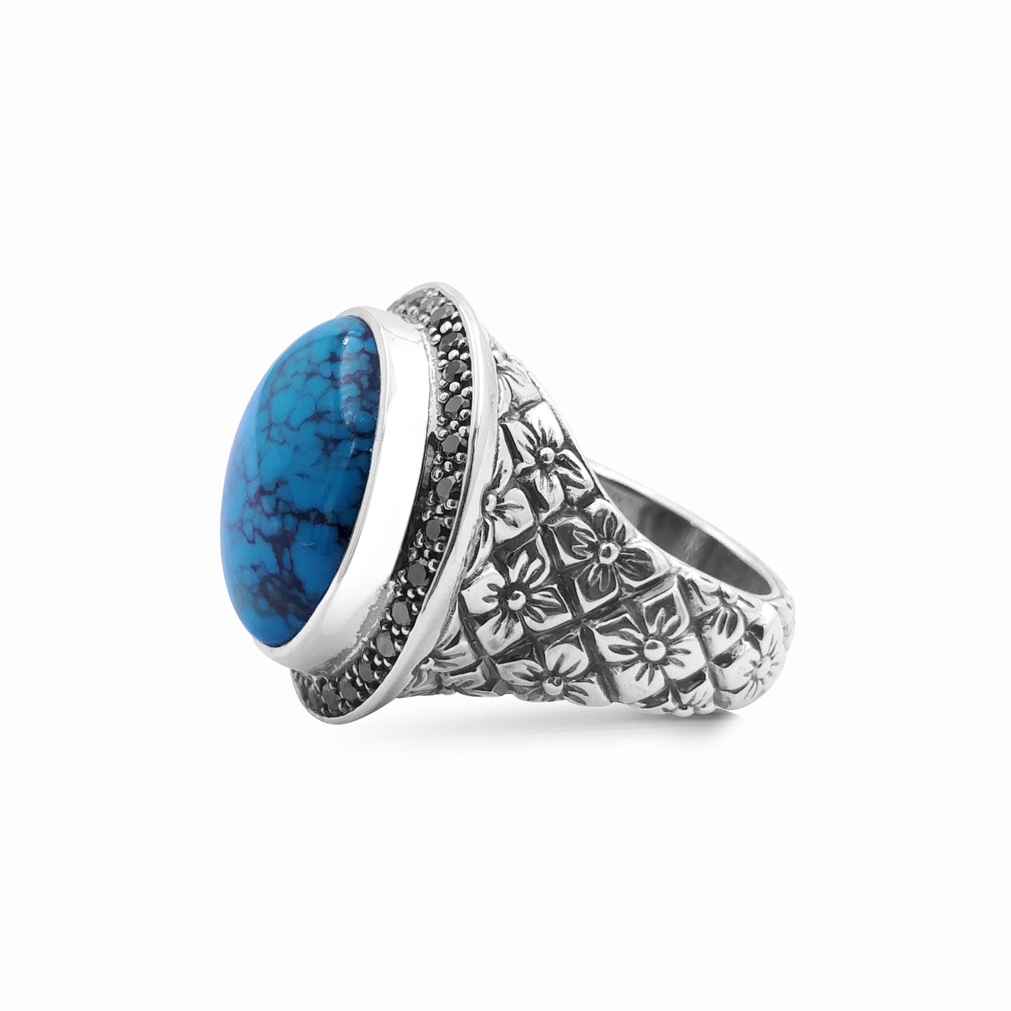 Garden of Stephen 18MM Round Black Vein Turquoise Ring in Sterling Silver with 0.55ct Black Diamonds