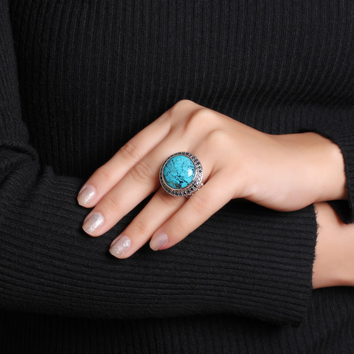 Garden of Stephen 18MM Round Black Vein Turquoise Ring in Sterling Silver with 0.55ct Black Diamonds