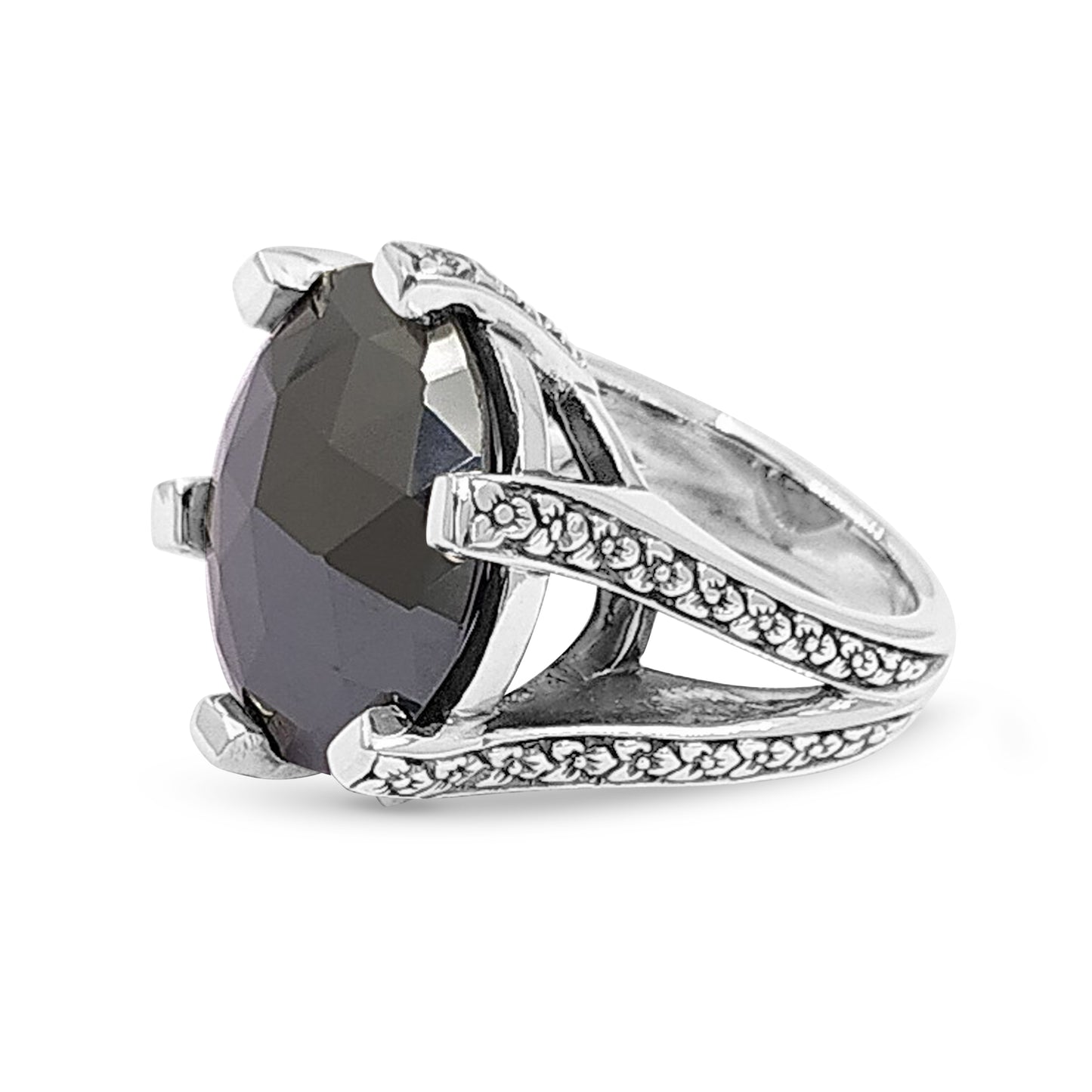 Garden of Stephen 20MM Round Faceted Hematite Gemstone Ring in Sterling Silver