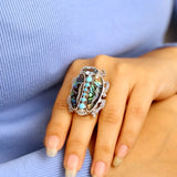 Garden of Stephen Blue Topaz Turquoise Natural Quartz Abalone Scarab Ring in Sterling Silver