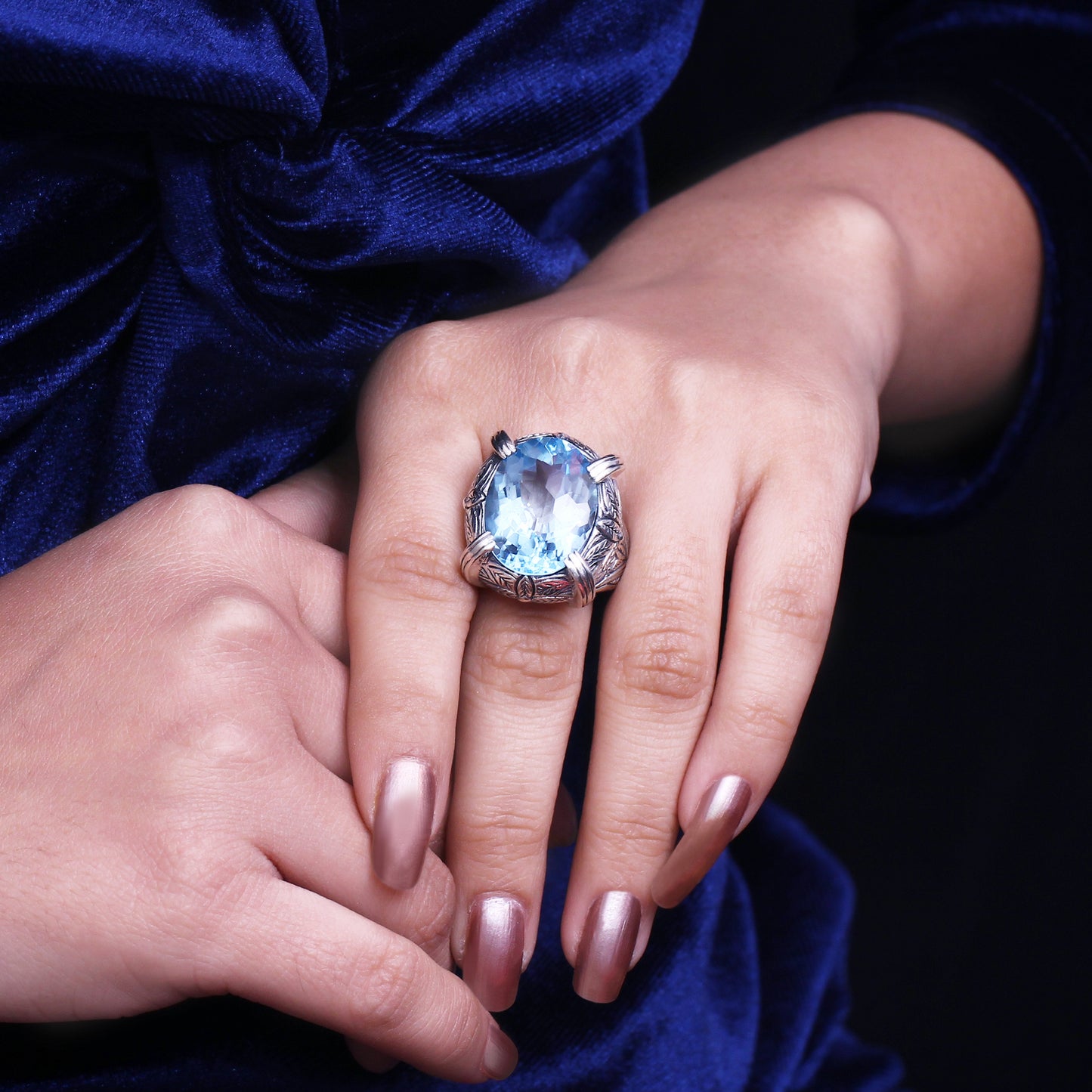 Garden of Stephen Faceted Blue Topaz Ring in Engraved Sterling Silver