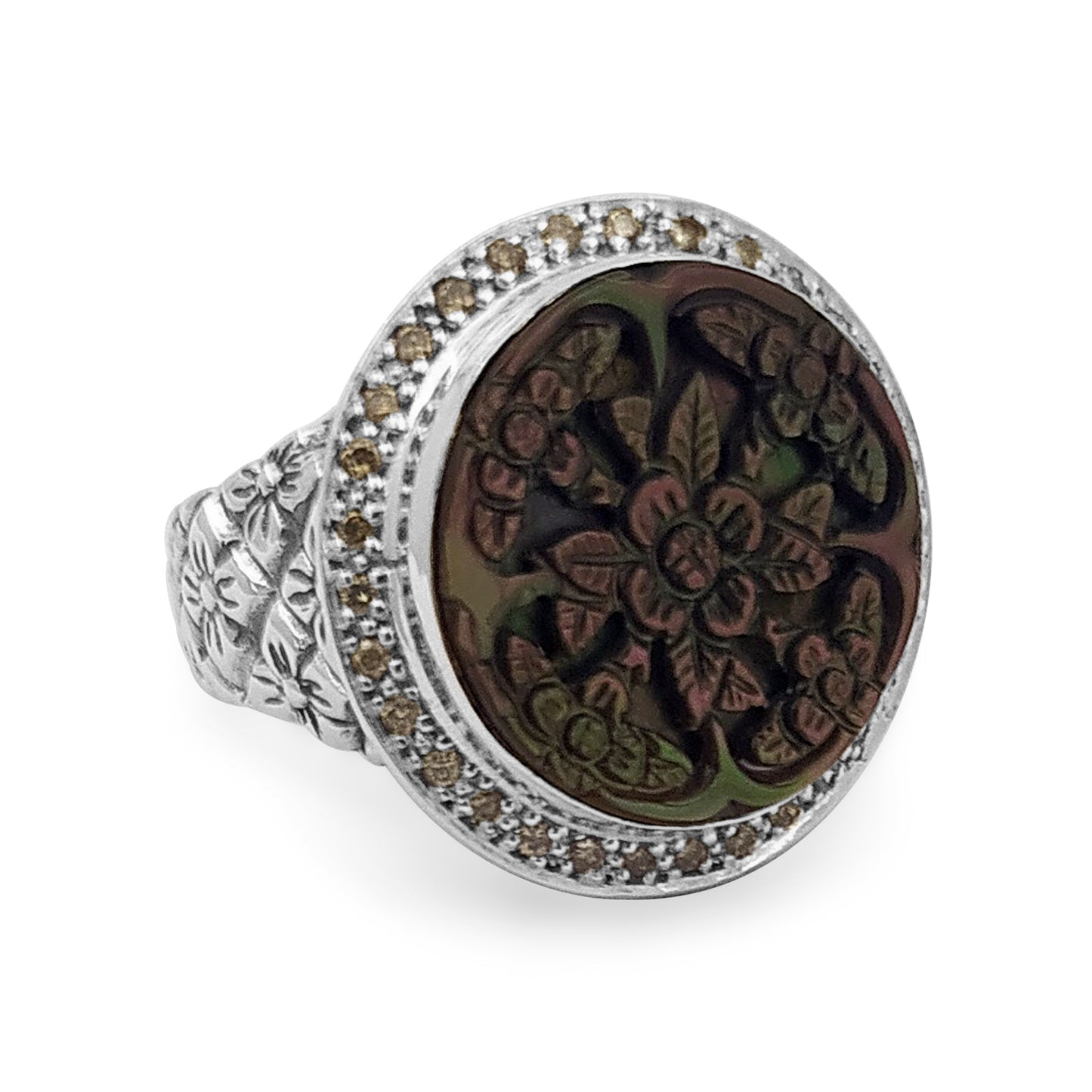 Legacy Hand Carved Tahitian Mother of Pearl Cameo Ring with 0.30ct Champagne Diamonds in Sterling Silver