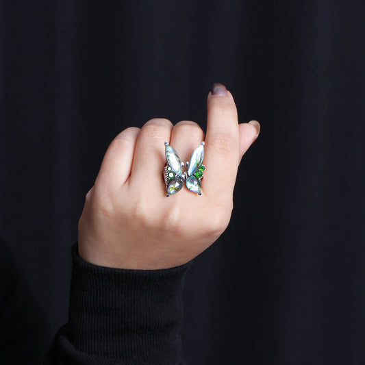 Garden of Stephen Faceted Natural Quartz Abalone and Peridot Butterfly Ring in Sterling Silver