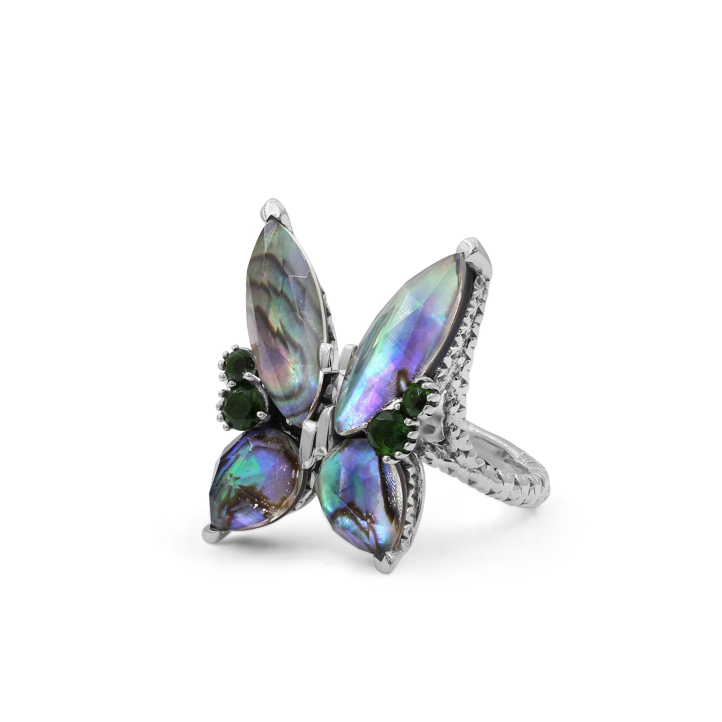 Garden of Stephen Faceted Natural Quartz Abalone and Peridot Butterfly Ring in Sterling Silver