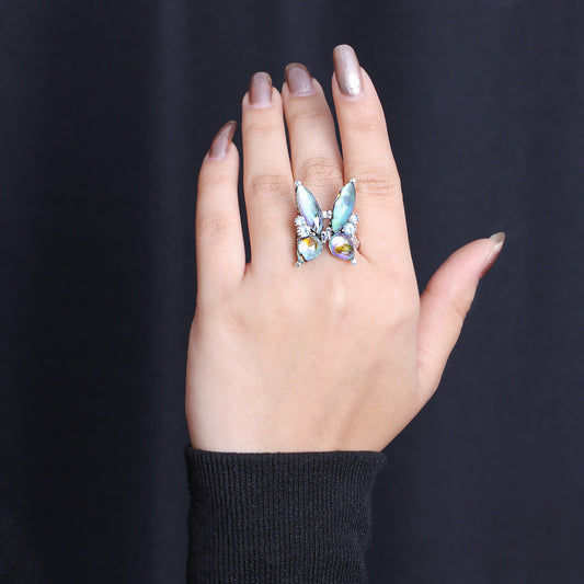 Garden of Stephen Faceted Natural Quartz Abalone Labradorite and Swiss Blue Topaz Butterfly Ring in Sterling Silver