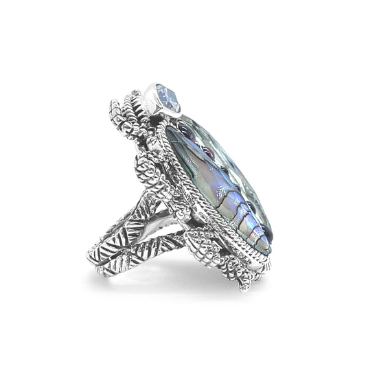 Garden of Stephen Lavender Moon Quartz Rhodolite Garnet Natural Quartz and Abalone Scarab Ring in Sterling Silver