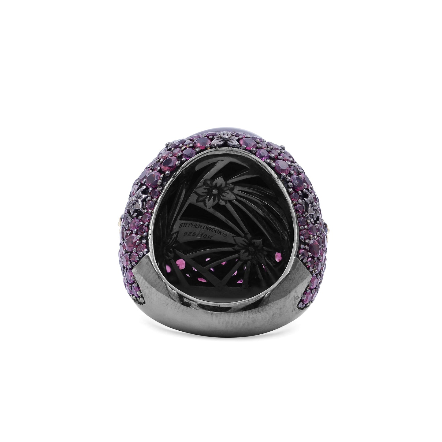 Garden of Stephen Natural Quartz Mother of Pearl and Rhodolite Garnet Pave Ring in Sterling Silver with 18K Gold Flowers