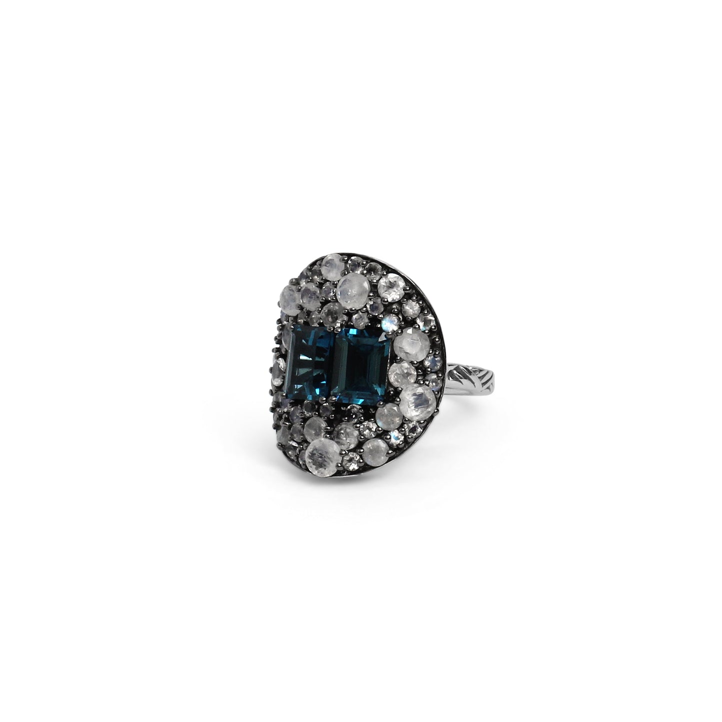 Garden of Stephen London Blue Topaz and Rainbow White Moonstone Ring in Sterling Silver