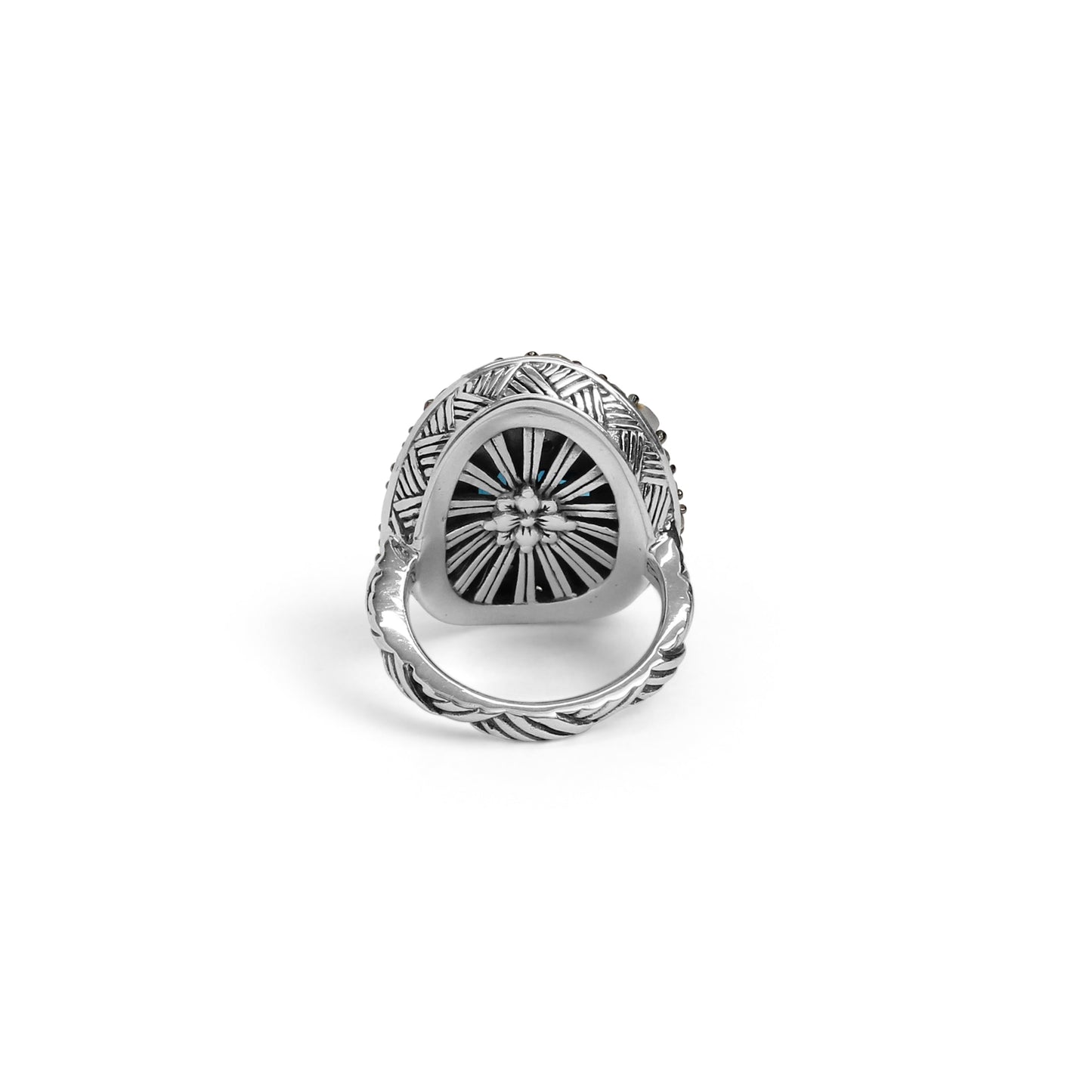 Garden of Stephen London Blue Topaz and Rainbow White Moonstone Ring in Sterling Silver