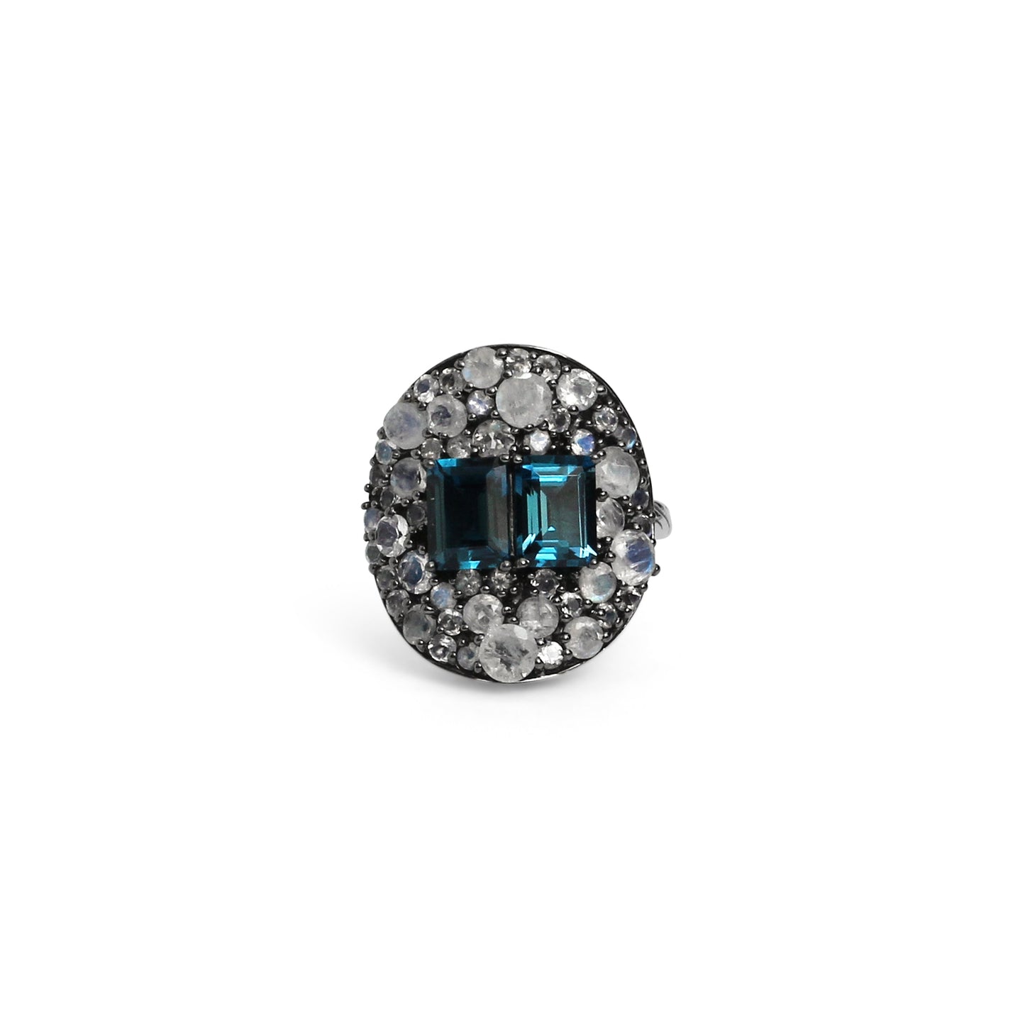 Garden of Stephen London Blue Topaz and Rainbow White Moonstone Ring in Sterling Silver