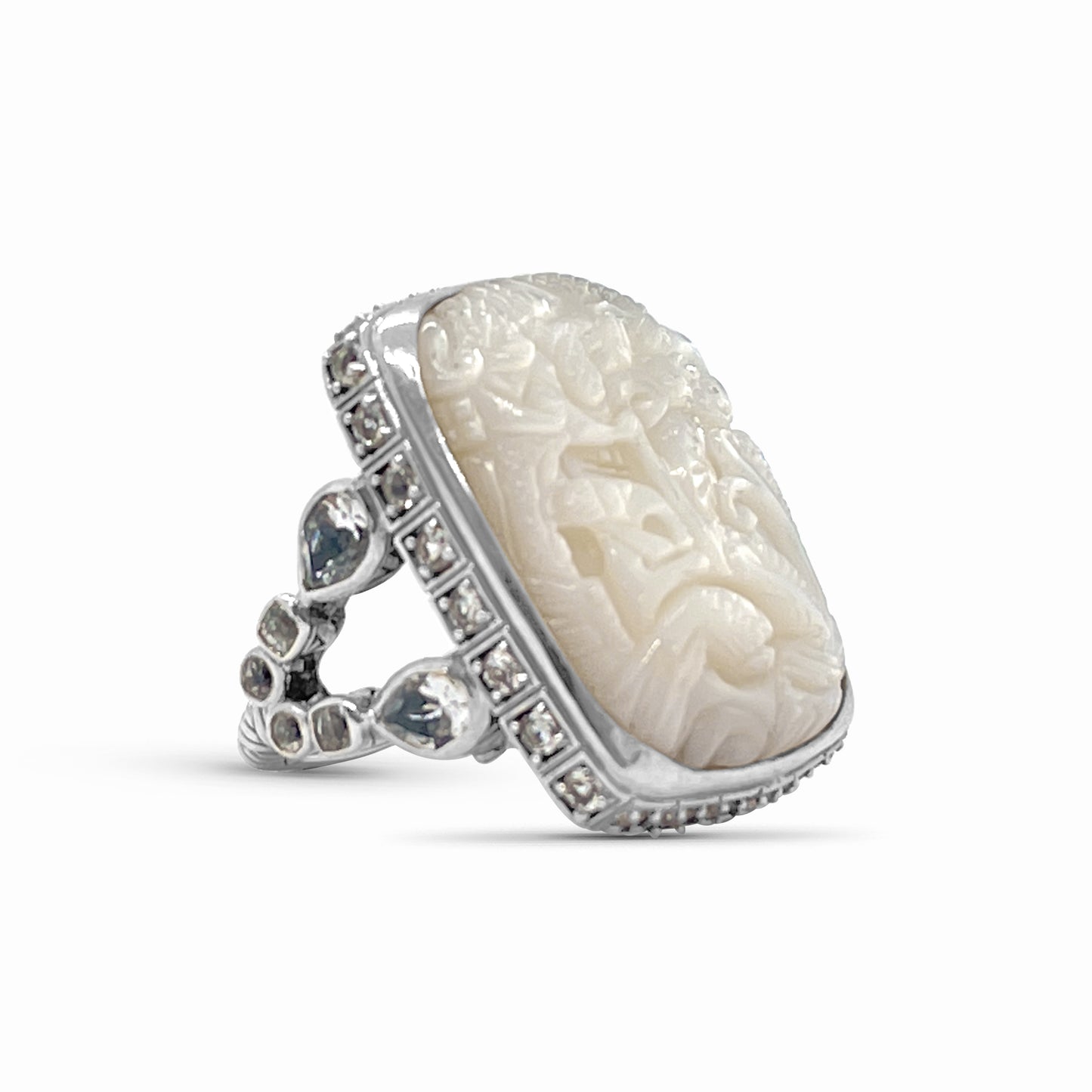 Carventurous Hand Carved Mother of Pearl Rainbow Moonstone and Natural Quartz Ring in Sterling Silver