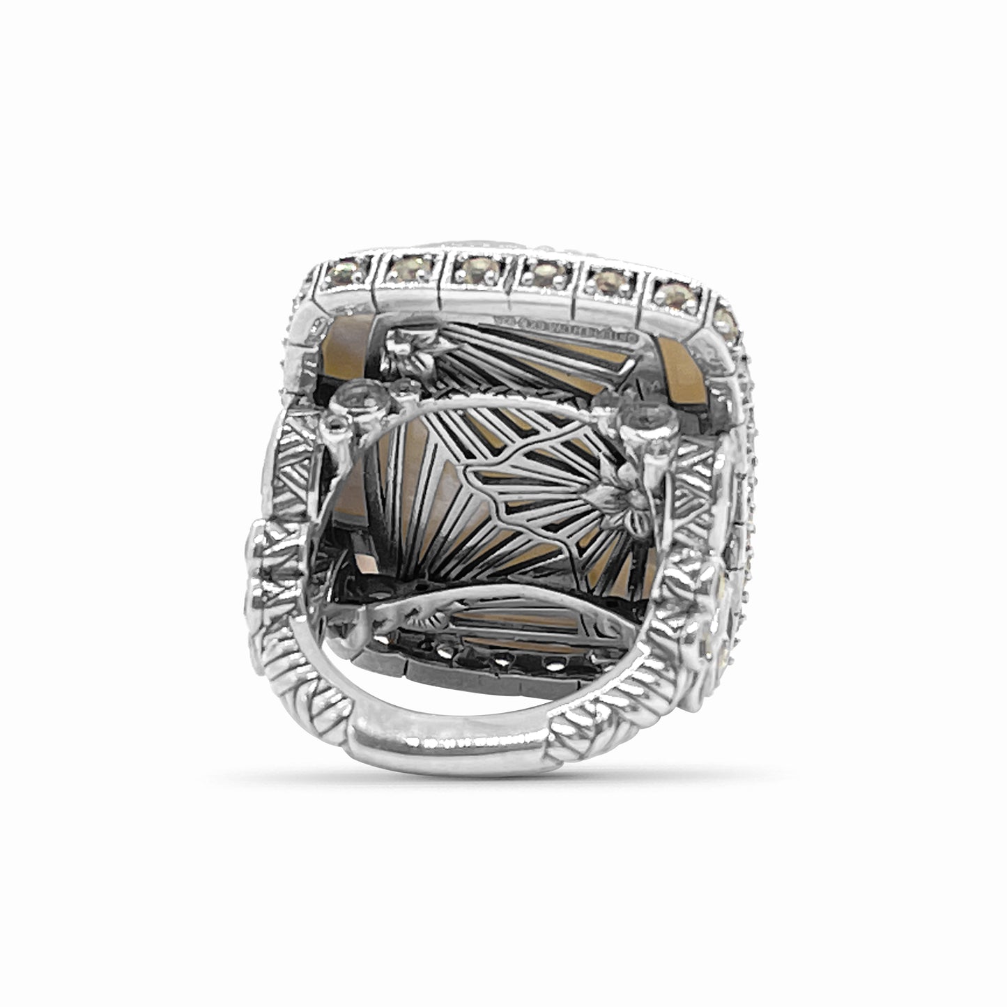 Carventurous Hand Carved Mother of Pearl Rainbow Moonstone and Natural Quartz Ring in Sterling Silver