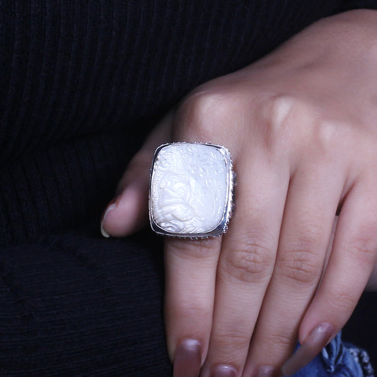 Carventurous Hand Carved Mother of Pearl Rainbow Moonstone and Natural Quartz Ring in Sterling Silver