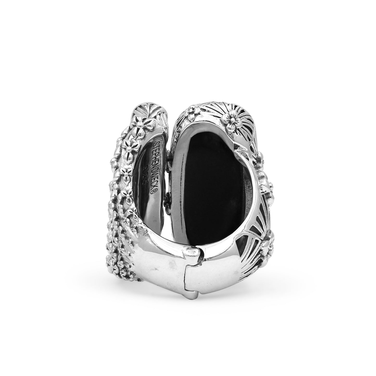 Carventurous Hand Carved Natural Quartz Mother of Pearl Agate and Iolite Open and Close Ring in Sterling Silver