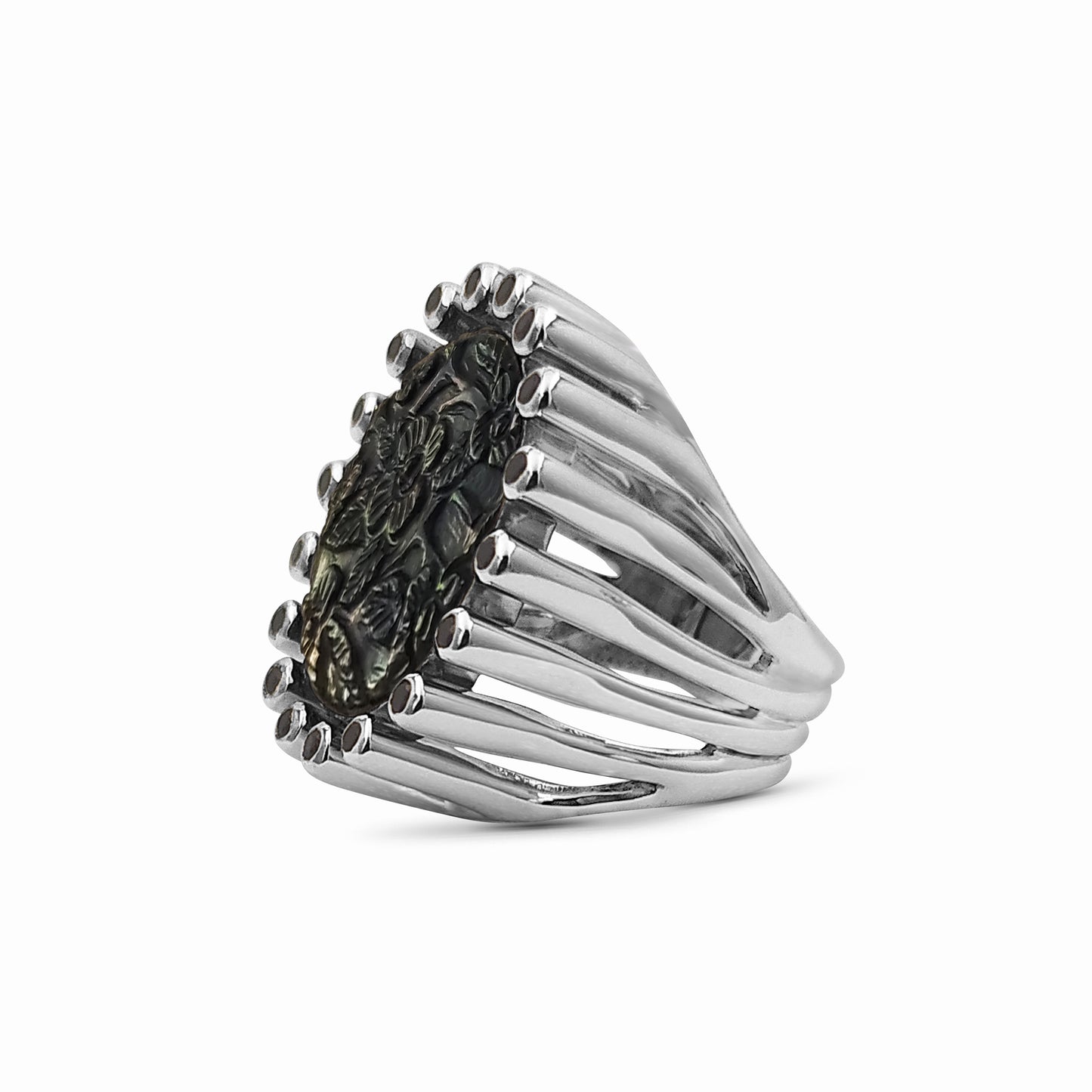 Carventurous Hand Carved Tahitian Mother of Pearl and Black Spinel Ring in Sterling Silver Tube Setting