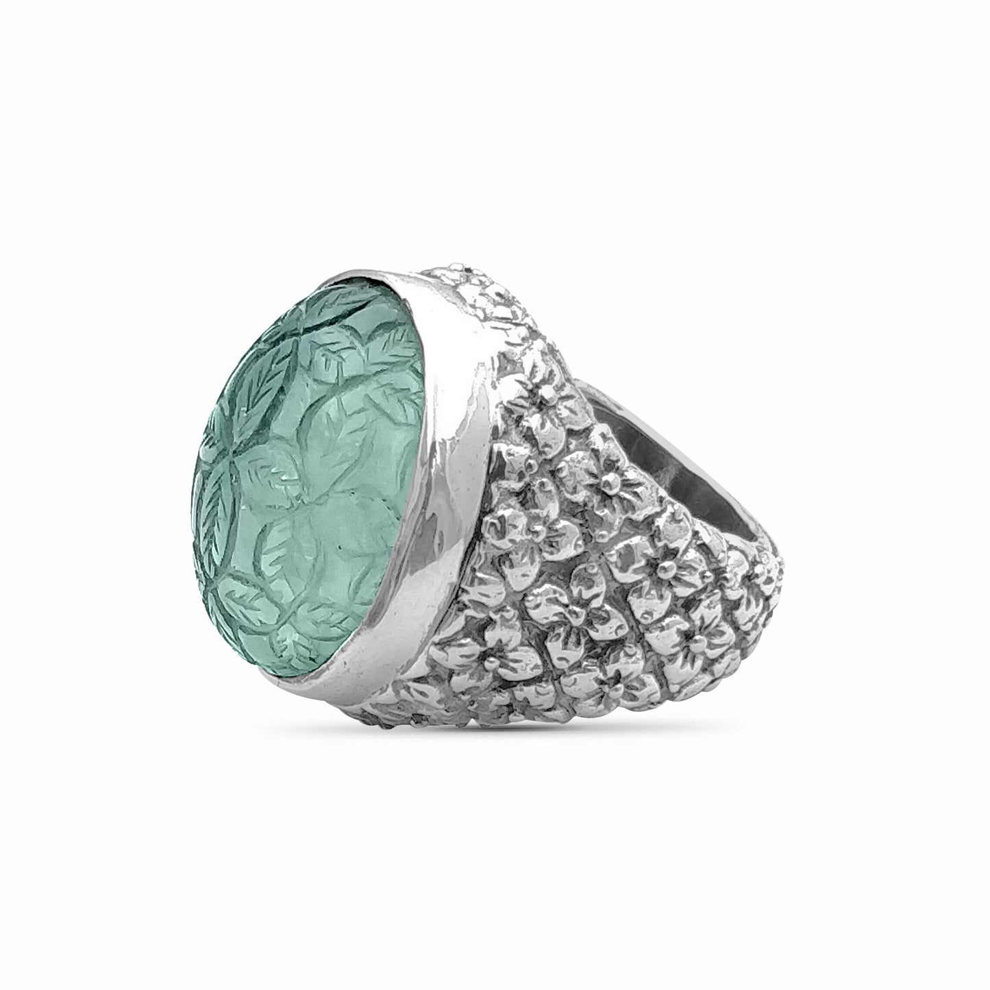 Carventurous Hand Carved Natural Quartz and Mother of Pearl Ring in Sterling Silver