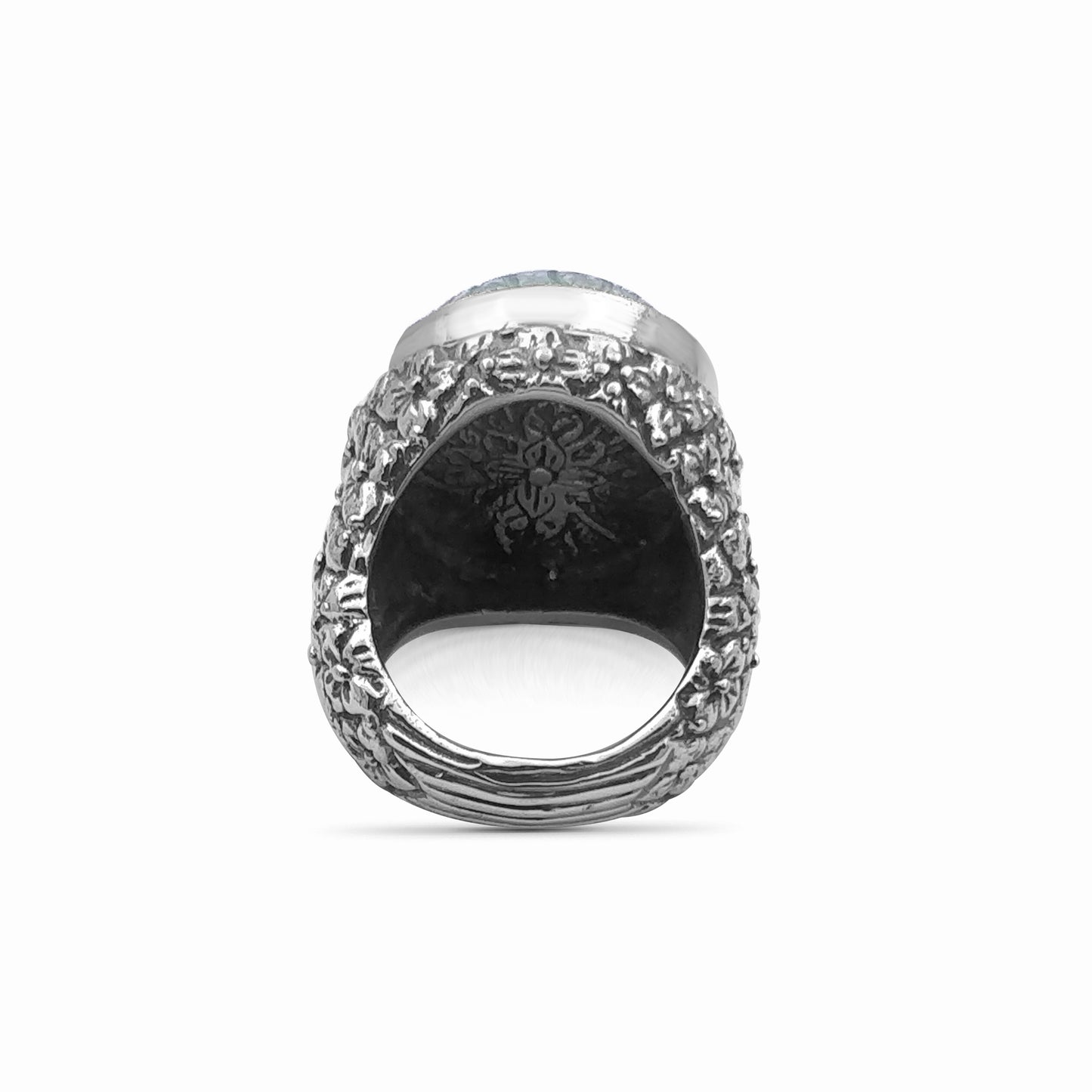 Carventurous Hand Carved Natural Quartz and Mother of Pearl Ring in Sterling Silver