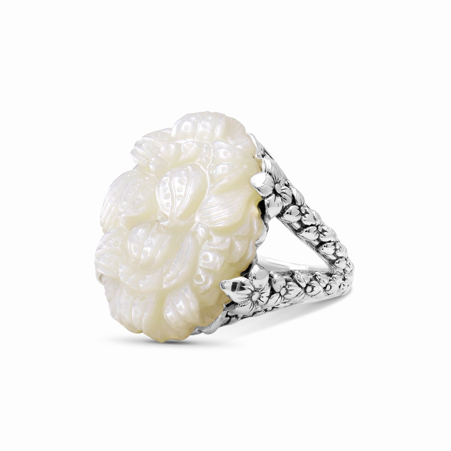 Carventurous Hand Carved Mother of Pearl in Sculpted Sterling Silver Double Shank Ring