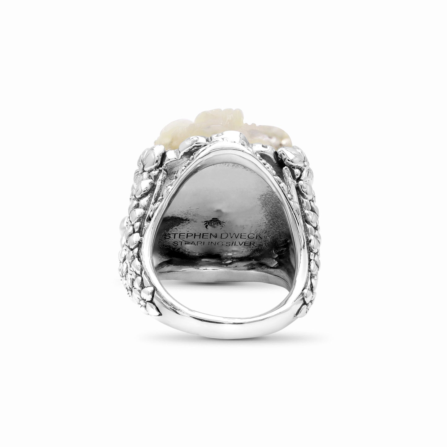 Carventurous Hand Carved Mother of Pearl in Sculpted Sterling Silver Double Shank Ring