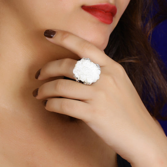 Carventurous Hand Carved Mother of Pearl in Sculpted Sterling Silver Double Shank Ring