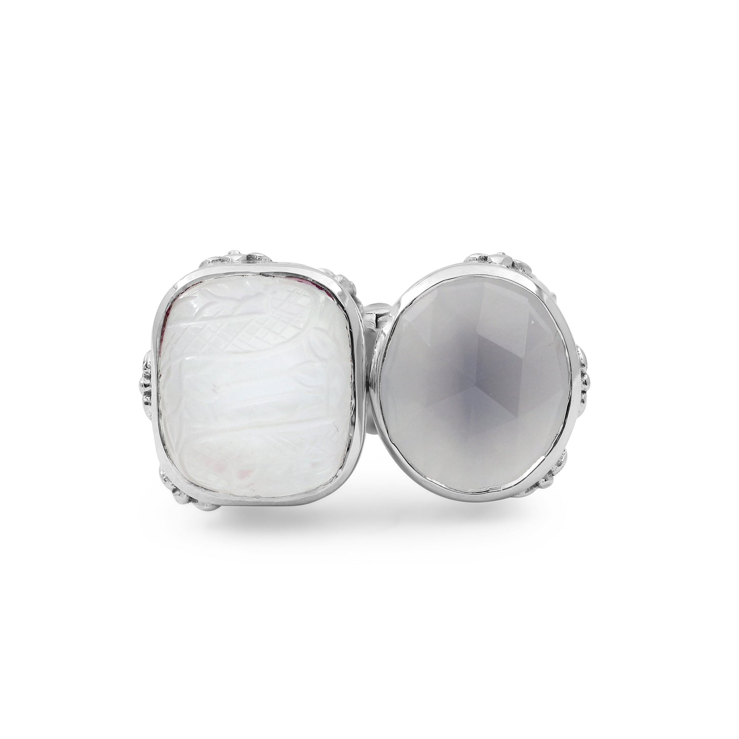 Carventurous Faceted Moon Quartz Hand Carved Natural Quartz and Mother of Pearl Open and Close Sunray Ring in Sterling Silver