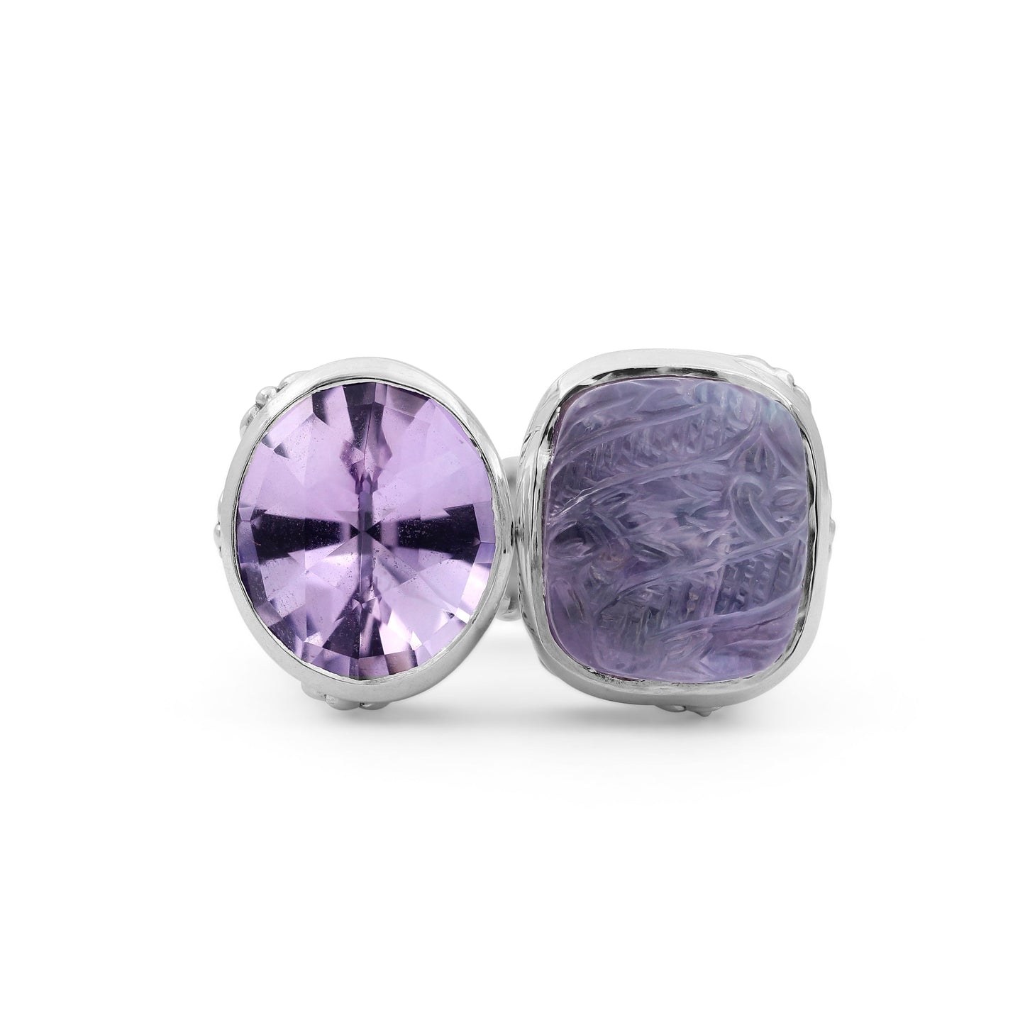 Carventurous Faceted Amethyst Hand Carved Natural Quartz Mother of Pearl and Amethyst Open and Close Sunray Ring in Sterling Silver