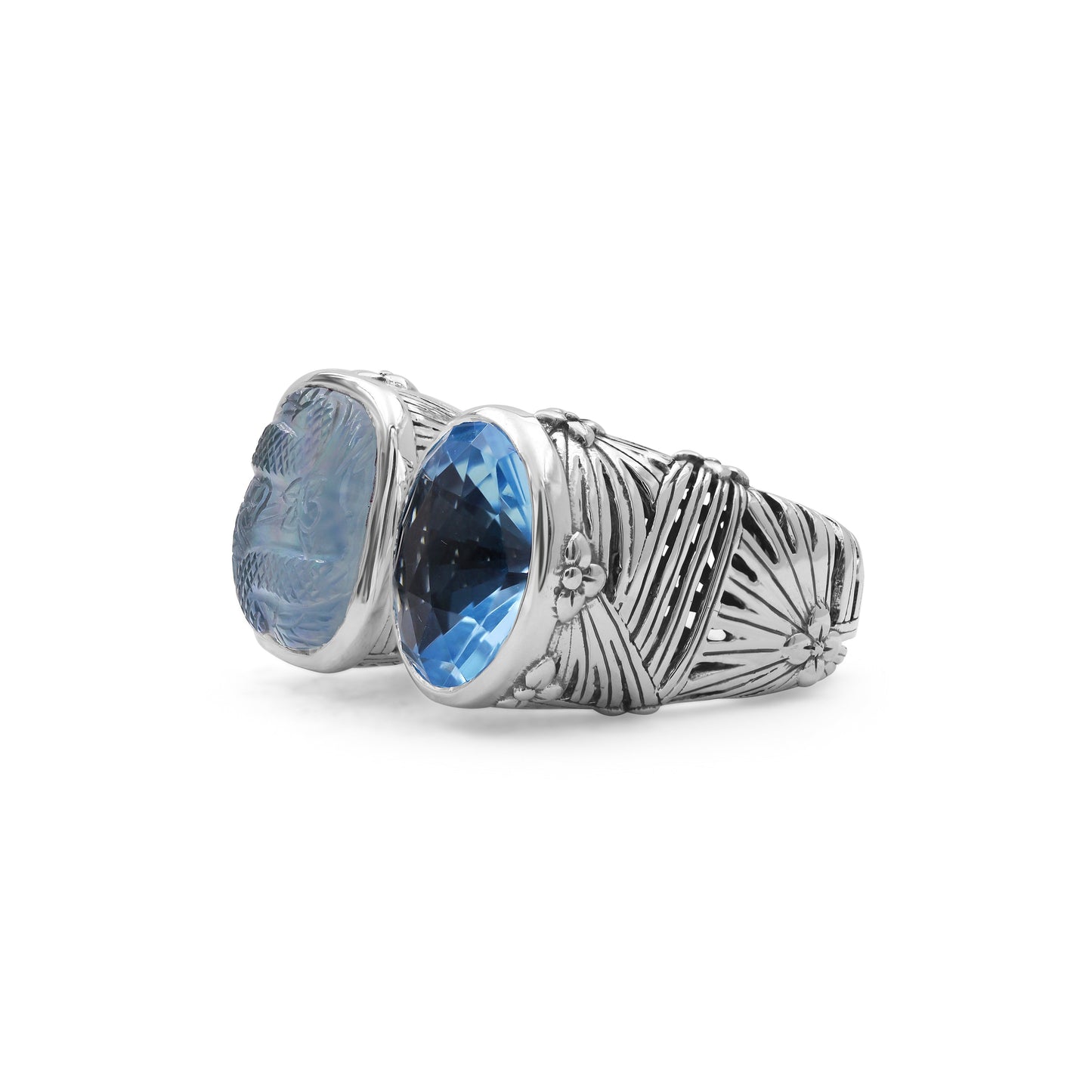 Carventurous Faceted Blue Topaz Natural Quartz Mother of Pearl and Green Agate Open and Close Sunray Ring in Sterling Silver