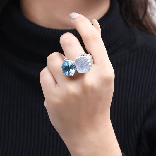 Carventurous Faceted Blue Topaz Natural Quartz Mother of Pearl and Green Agate Open and Close Sunray Ring in Sterling Silver