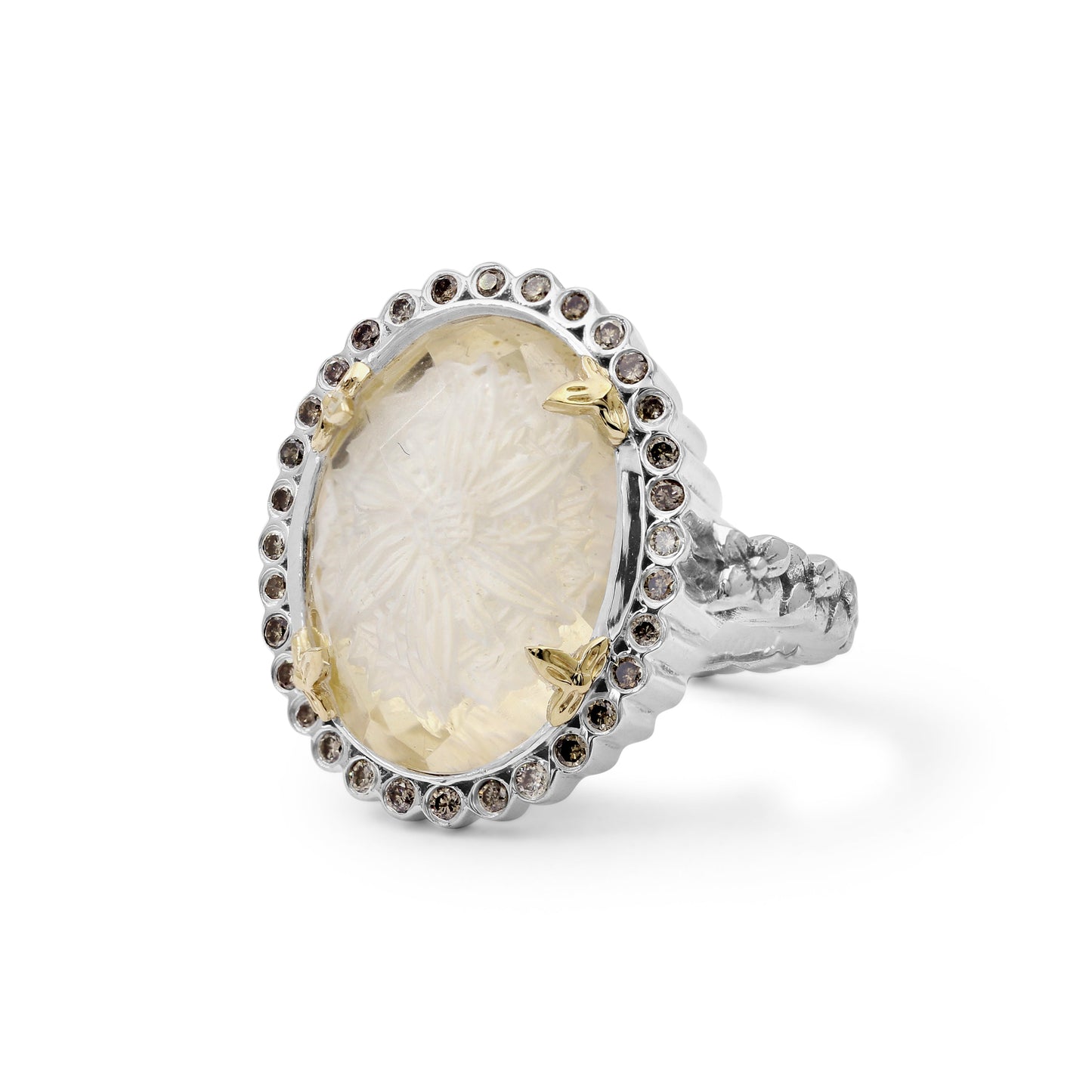Carventurous Internally Carved Natural Quartz Gold Lining with Champagne Diamonds Ring in Sterling Silver with 18K Gold Flowers