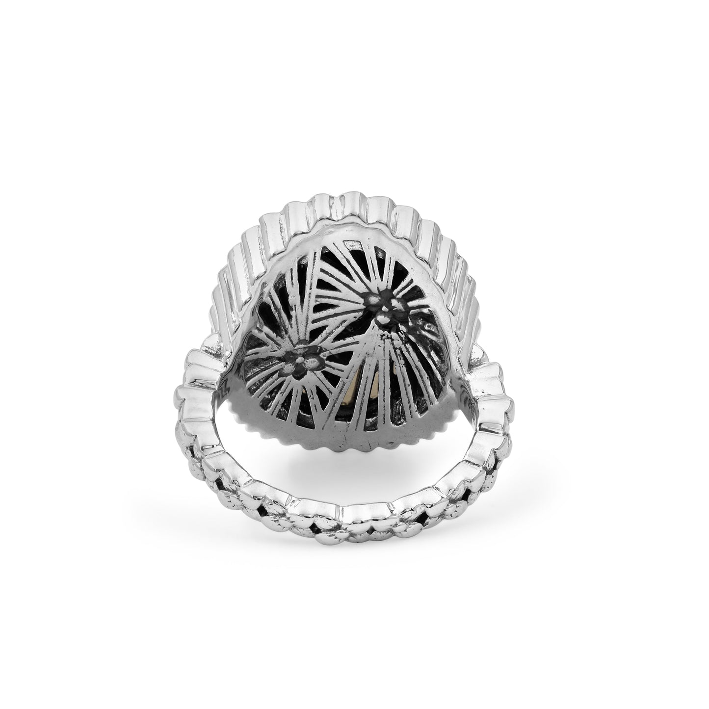 Carventurous Internally Carved Natural Quartz Gold Lining with Champagne Diamonds Ring in Sterling Silver with 18K Gold Flowers