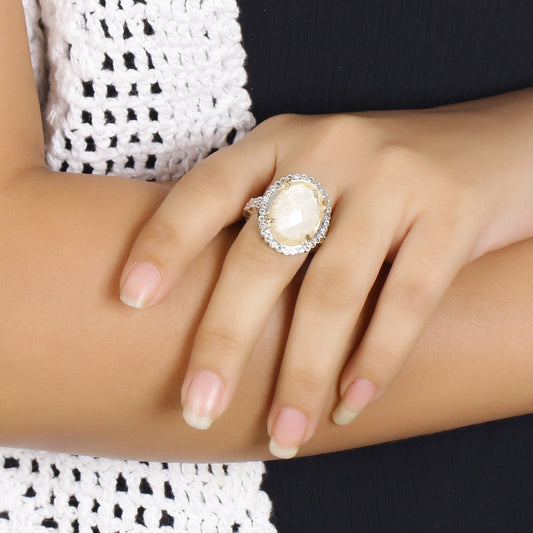Carventurous Internally Carved Natural Quartz Gold Lining with Champagne Diamonds Ring in Sterling Silver with 18K Gold Flowers