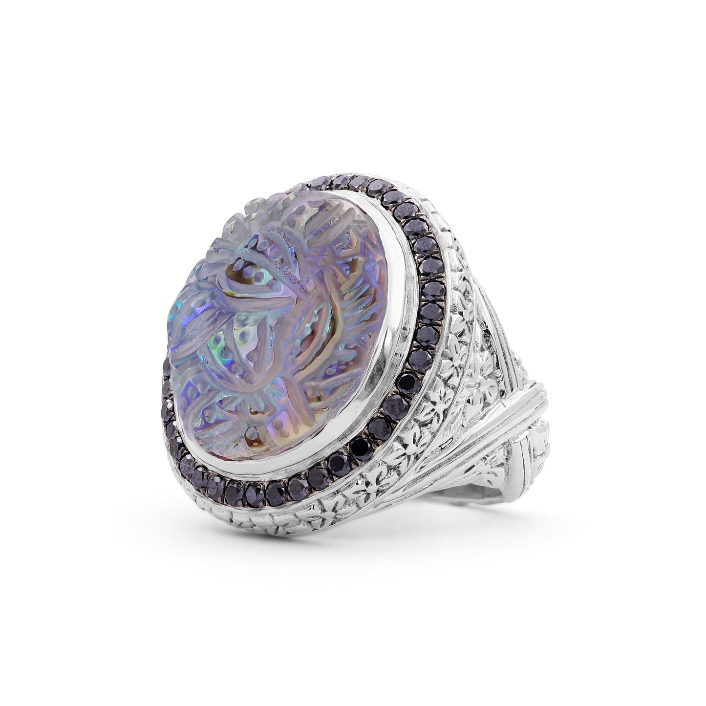 Carventurous Hand Carved Natural Quartz and Abalone Ring in Sterling Silver with 0.90ct Black Diamonds