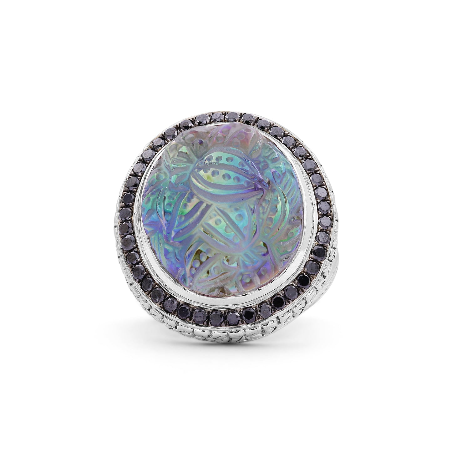 Carventurous Hand Carved Natural Quartz and Abalone Ring in Sterling Silver with 0.90ct Black Diamonds