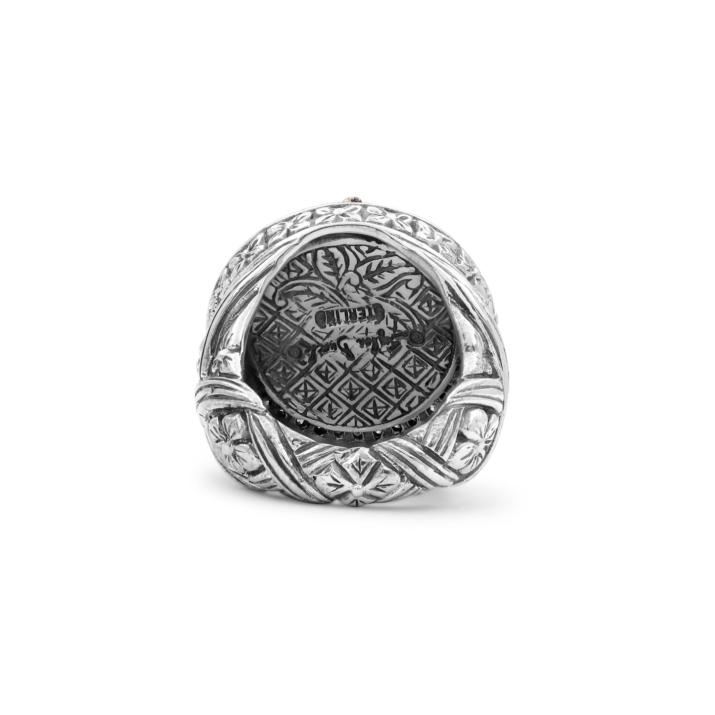 Carventurous Hand Carved Natural Quartz and Abalone Ring in Sterling Silver with Champagne Diamonds and 18K Gold Flowers