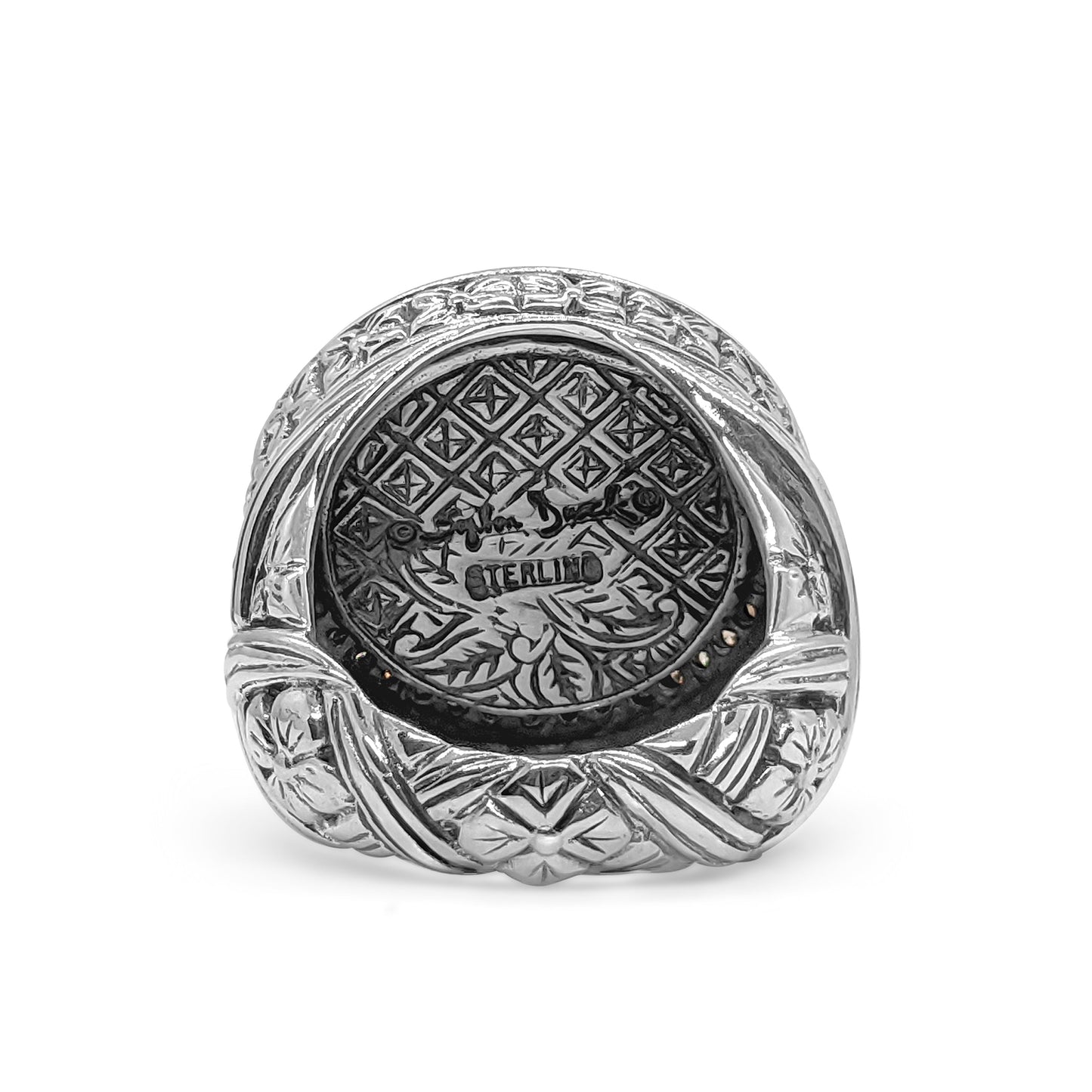 Carventurous Hand Carved Chalcedony Ring in Sterling Silver with Champagne Diamonds and 18K Gold Flowers