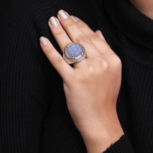 Carventurous Hand Carved Chalcedony Ring in Sterling Silver with Champagne Diamonds and 18K Gold Flowers