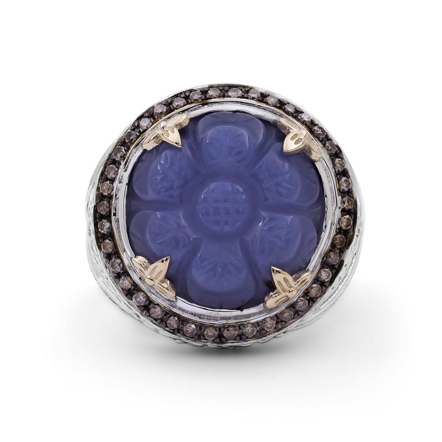 Carventurous Hand Carved Chalcedony Ring in Sterling Silver with Champagne Diamonds and 18K Gold Flowers