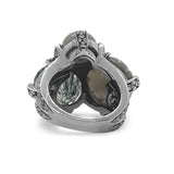 Rockrageous Black Hair Rutilated Quartz Hand Carved and Smooth Grey Moonstone Ring in Flower Engraved Ruthenium Plated Sterling Silver