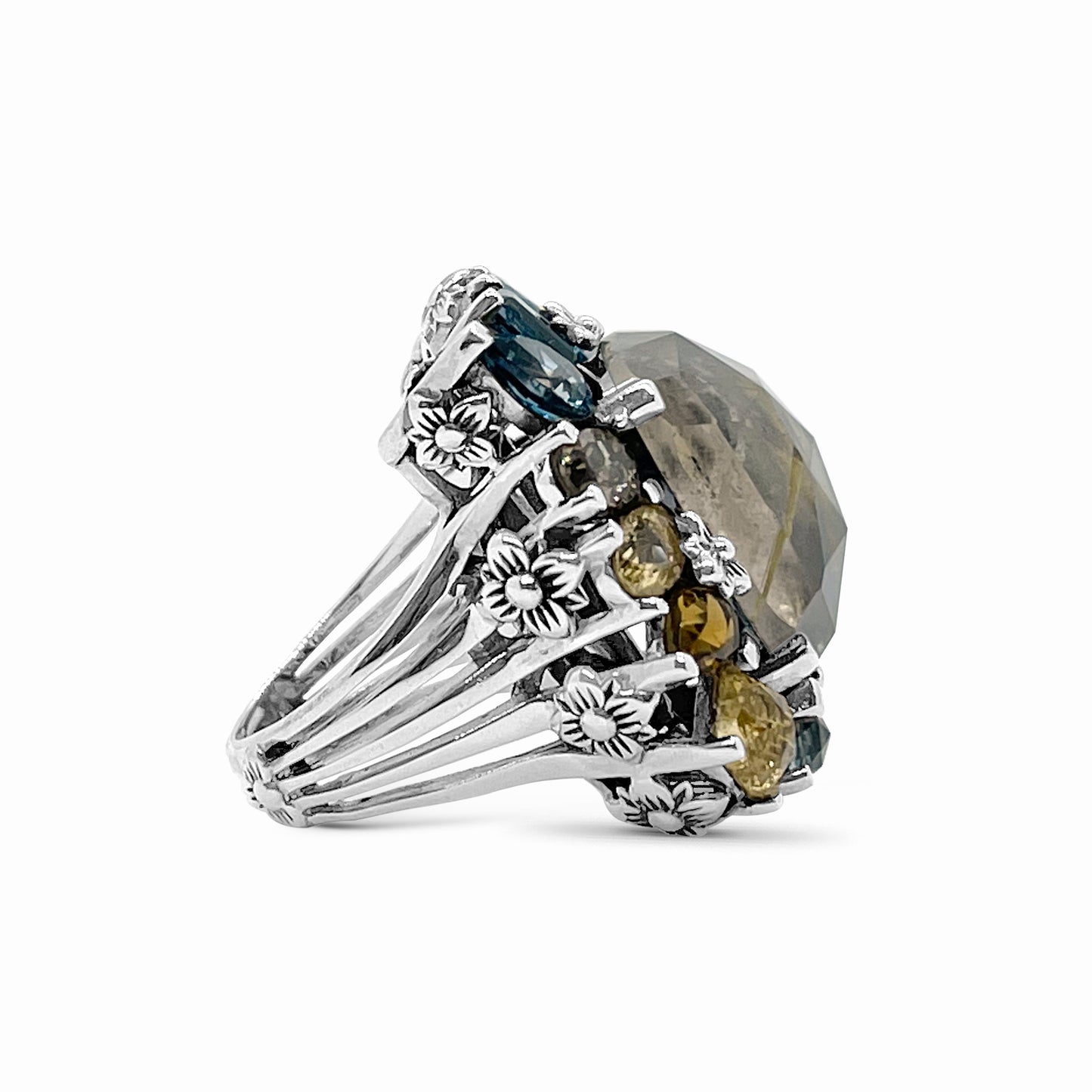 Rockrageous Gold Hair Rutilated Quartz Hematite Sky Swiss and London Blue Topaz Cognac Whiskey and Smoky Quartz Ring in Sterling Silver