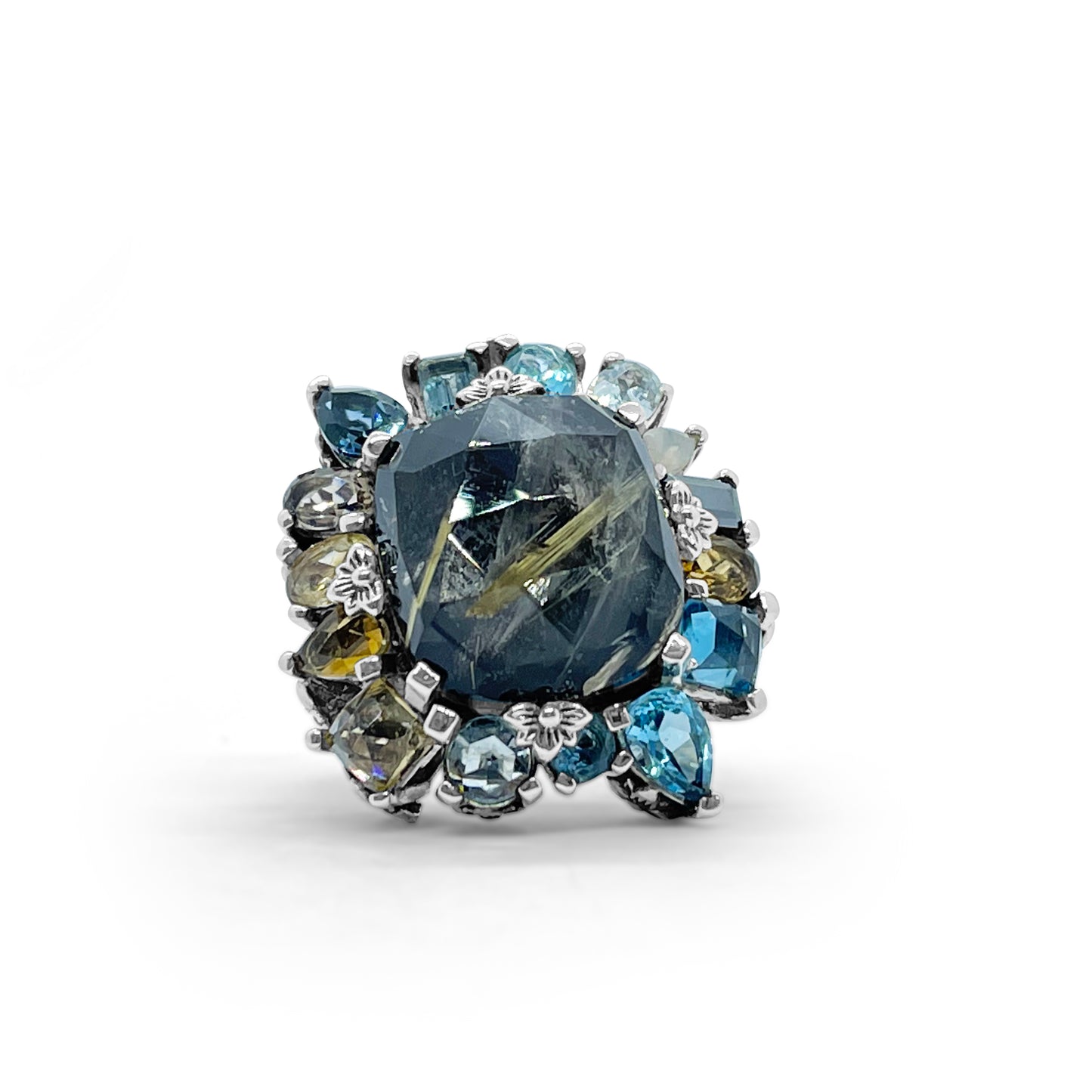 Rockrageous Gold Hair Rutilated Quartz Hematite Sky Swiss and London Blue Topaz Cognac Whiskey and Smoky Quartz Ring in Sterling Silver