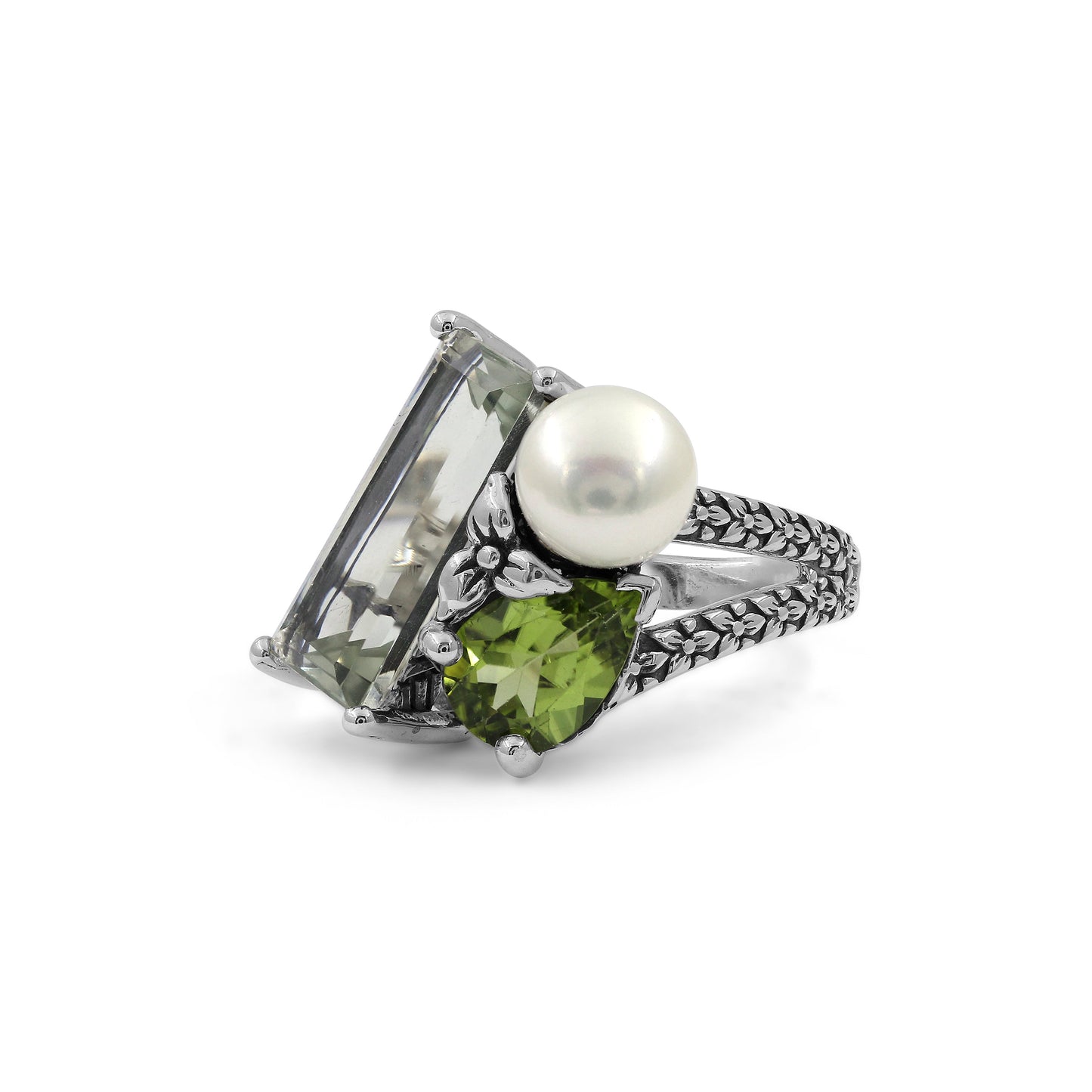 Rockrageous Green Amethyst Peridot and Pearl Ring in Sterling Silver