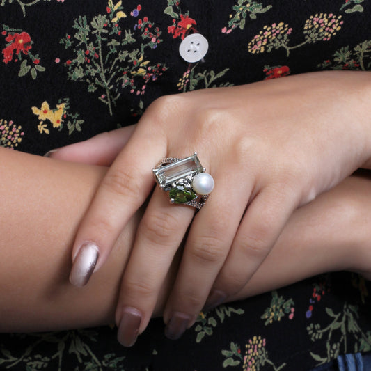 Rockrageous Green Amethyst Peridot and Pearl Ring in Sterling Silver