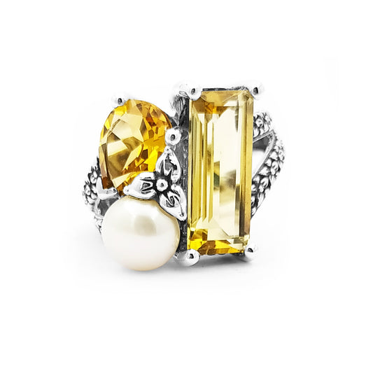 Rockrageous Three stone cluster ring with white pearl and citrine and orange citrine gemstones set in sterling silver