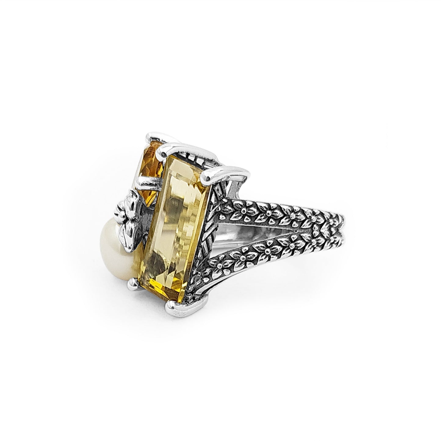 Rockrageous Three stone cluster ring with white pearl and citrine and orange citrine gemstones set in sterling silver