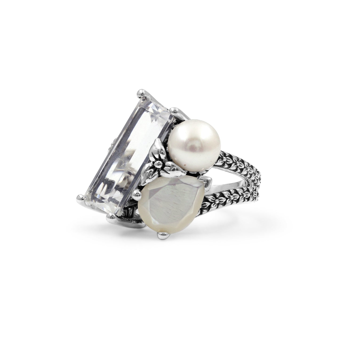 Rockrageous Natural Quartz Mother of Pearl and Pearl Ring in Sterling Silver