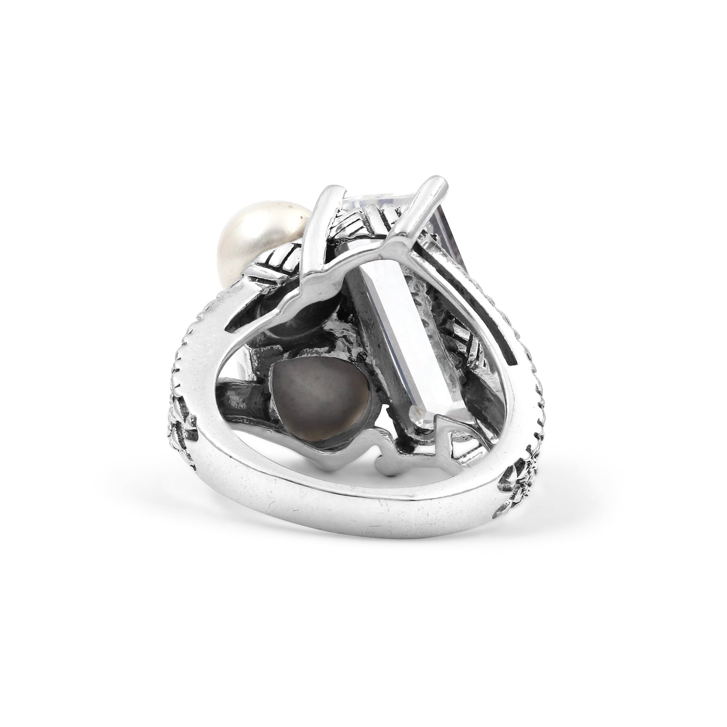 Rockrageous Natural Quartz Mother of Pearl and Pearl Ring in Sterling Silver