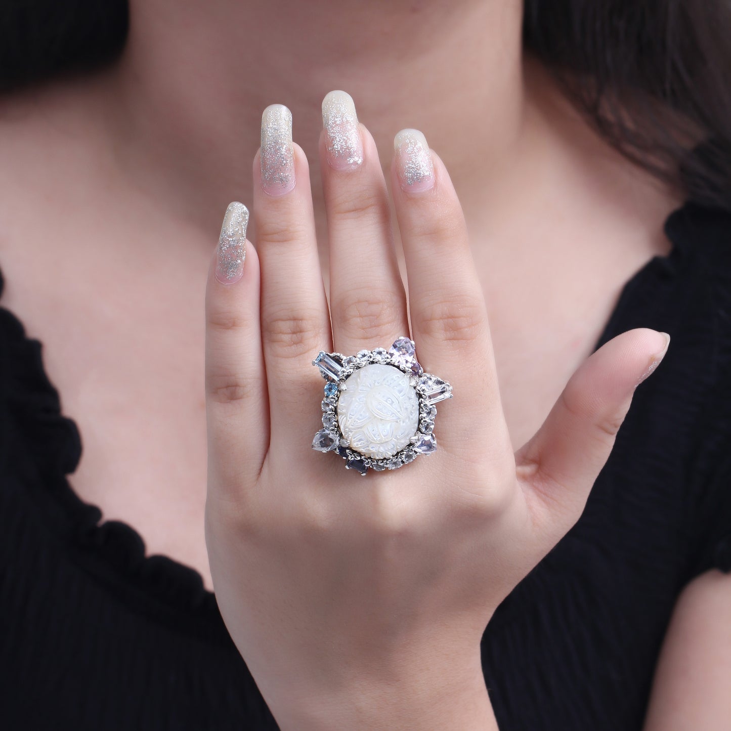 Rockrageous Hand Carved Mother of Pearl Lavender Moon Quartz Amethyst Iolite Blue and White Topaz Ring In Sterling Silver